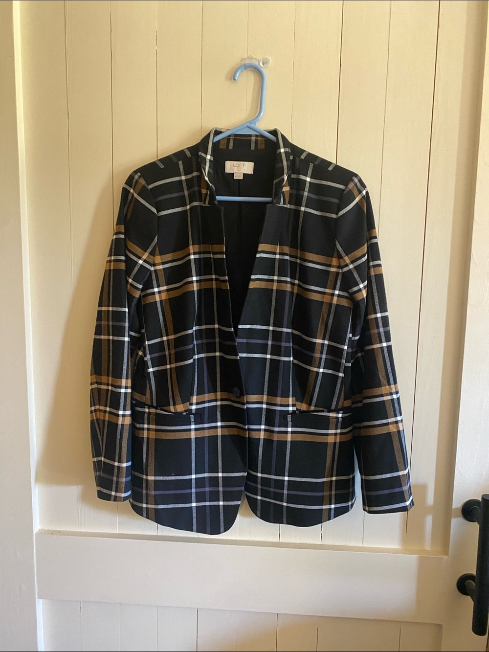 LOFT Black Plaid Blazer with Tan & White Stripes 6P